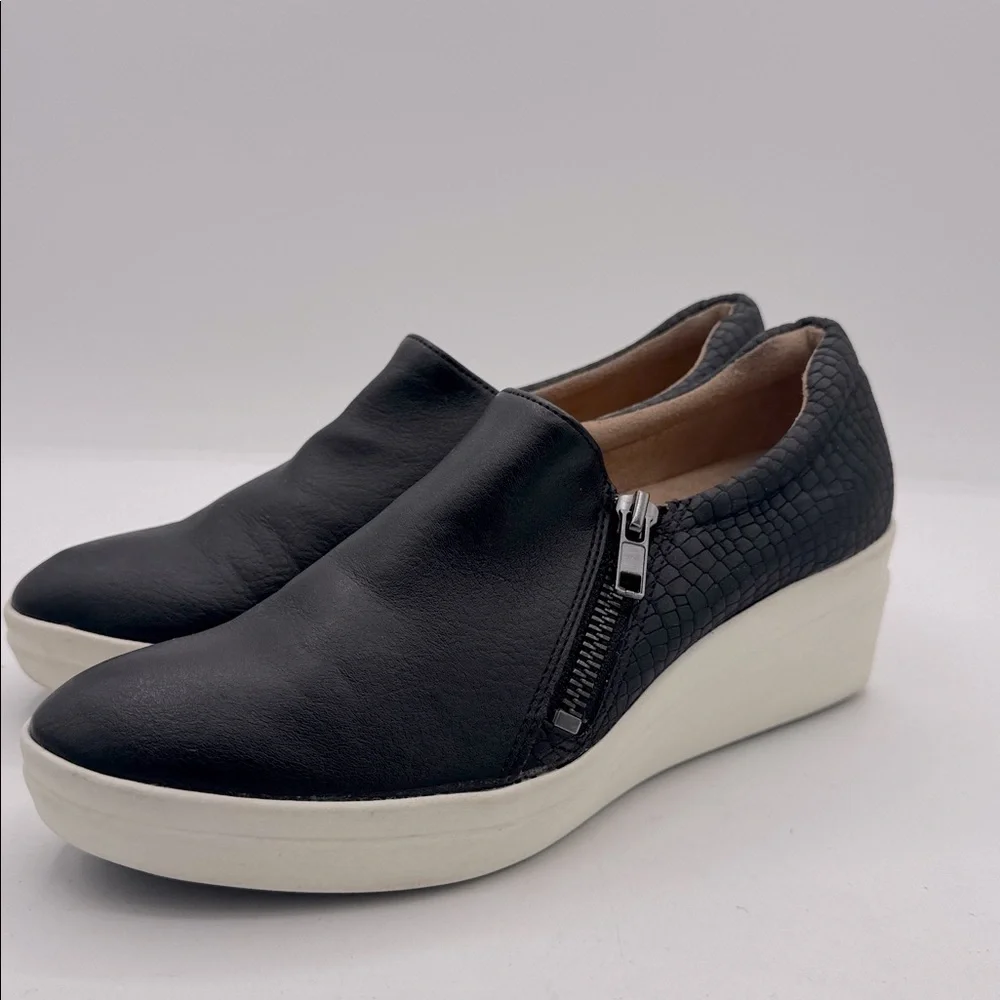 Naturalizer Black Leather Wedge Slip-On Sneakers with White Platform